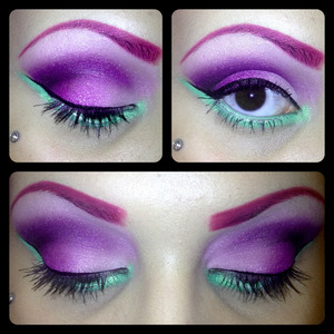 Primer- Urban Decay Primer Potion
Lid base- NYX Milk
Shadows- 120 Palette Second Edition by BH Cosmetics
Waterline/Undereye- Milk with green shadow packed on top from 120 palette
Eye Brows- Ben Nye's Passion Purple
Liner- Bombshell Cosmetics liquid liner pen in Onyx
Mascara- ELF Mineral Infused Mascara