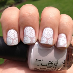 Using another wonderful 2012 Bundle Monster stamp! Steady As She Rose is the base, konad special white was used for the stamping. 
http://polishmeplease.wordpress.com