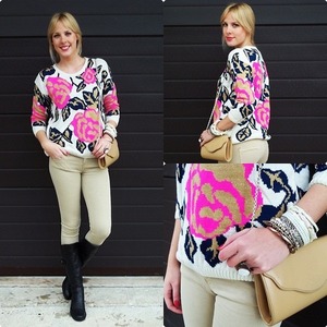 Cream jumper, featuring rose knitted throughout, round neckline, long sleeves, ribbed collar, cuffs and hem, decorated with gold spun. Goes awesome with black skinny pants and boots when going on a date.