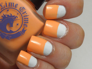 Half Moon style manicure using Lime Crime Peaches <3 Cream. For more information please visit my blog post: http://www.lacquermesilly.com/2013/07/17/half-moon-peaches/