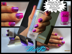 A bright fuchsia polish paired with "laser optics" nail foil from dollarnailart.com.