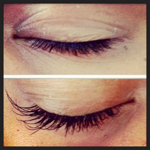 Before and after shot of clients eyes with individual natural look eyelash extensions.
