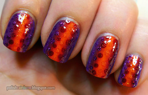 Purple-red-orange vertical gradient with matching dots. Done for a Halloween challenge. I decided these colours were Halloweeny enough!

Blog post: http://polishrainbow.blogspot.com/2012/10/this-is-halloween-and-reddit-double.html