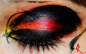 Start with a fire gradient with yellow in corner of eye,orange in middle and red at the end, them line your eyes and the gradient with black cream liner, create a smokeyness by blending the gradient with the liner, then take a dark red and line the top of the liner, then line everywhere in a chaosy way, and last put the gradient under your lower lashline, apply plentiful mascara...DONE!!
