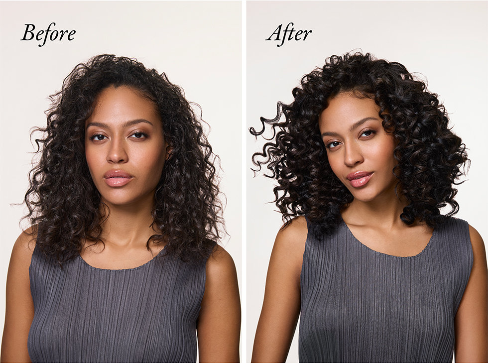 Oribe model before & after using the Mirror Rinse Glass Hair Treatment