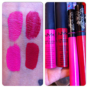 The NYX Soft Matte Lip Creams are on top in the colors Addis Ababa (pink) and Monte Carlo (red). The bottom swatches are Kat Von D's Everlasting Love Liquid Lipsticks in Backstage Bambi (pink) and Outlaw (red). I prefer the Kat Von D liquid lipsticks, they're far more pigmented, and dry to a super matte finish FAST! 