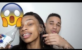 Applying my wig w/my mans DRUNKASF😱