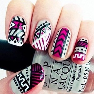 Pink, Black, White nails. Different patterns on each nail for a more exotic look!