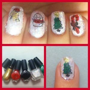Festive holiday designs by Konad. Snowman, tree, Santa, bells, and candy canes!