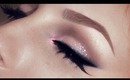 Romantic Valentine's Day Makeup Tutorial with winged eyeliner, pink glitter and lipstick