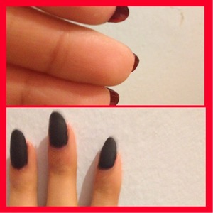 Matte black with red bottoms. I use a matte top coat after I finish painting the nail plate black polish. Underneath your nail, you paint it red 