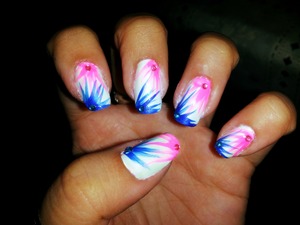 Nail design. Blue Pink White. Feather. Feathery. Nail gems. Striper brush was used. 