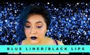 Blue Eyeliner and Black Glitter Lip Makeup Tutorial (NoBlandMakeup)