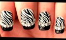 Zebra with Black Tips & Rhinestones nail art