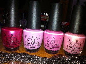 These are my obsessions to OPI's pink.. from left to right "A-Rose at Dawn...Broke by Noon" .. "Sparrow Me the Drama" .. "Japanese Garden Rose" & "Princess Rule"
