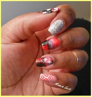 For the below manicure I use red, black and white polishes. I used the Saran Wrap method for my thumb and two middle fingers. Also I used BM-315 and BM-221 plates for the stamps. The polishes used for this manicure was Sally Hansen White On and Black Out and Revlon Fearless.