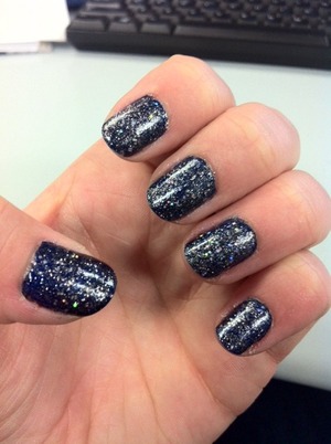 This is OPI Yoga-Ta Get This Blue as the base color and OPI Teenage Dream from the Katy Perry collection on top. :)