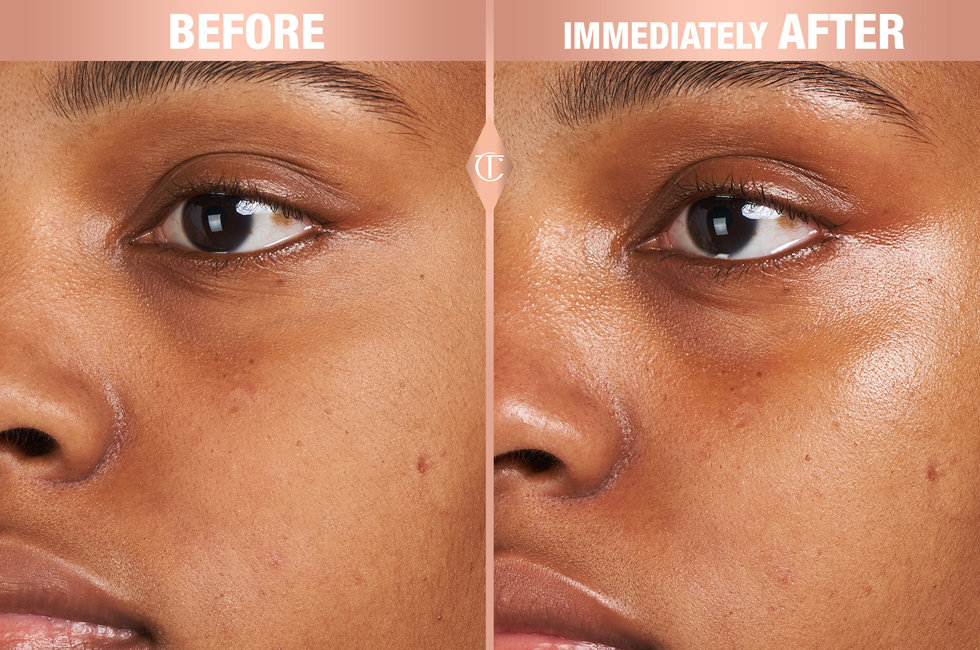 Charlotte Tilbury model before & after using the Charlotte's Magic Hydration Revival Cleanser