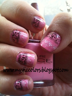pink nails with white and black lace
