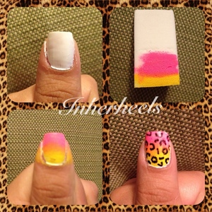 White base, use 2-3 color polishes on make-up sponge, press on to white nail, then use black nail pen to paint leopard spots
