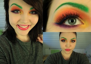 more is more! or..? 
veeery colourful eyes with green eyebrows and a subtle, two-toned lip. 