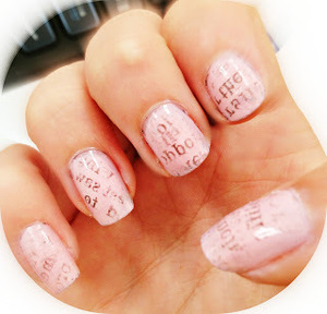 Simple, pink newspaper nails.

Nail polish: 3 Times a Lady, Nails Inc.

Blog post tutorial:
http://nailarttart.blogspot.co.uk/search/label/newspaper%20nails