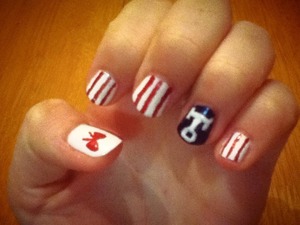 Red, white and blue nautical nails. Created with one thin, flat brush : ) 