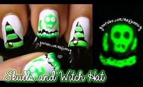 Poisonous Skulls and Witch Hat Nail Art (Glow in the dark mani)