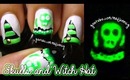 Poisonous Skulls and Witch Hat Nail Art (Glow in the dark mani)
