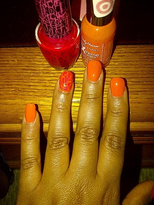 Opi neon pink crackle polish on top of sunkissed by sally hansen