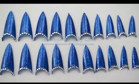 GNbL- Blue Stiletto Nail Tips with Rhinestones