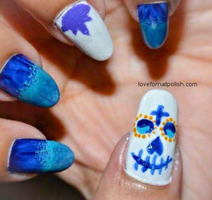 Detail Tutorial http://lovefornailpolish.com/cute-easy-halloween-nail-design-sugar-skull-nail-art