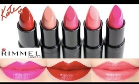 Rimmel Kate Moss Lasting Finish Lipstick Swatches on Lips 5 colors