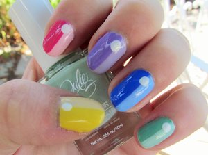 These remind me of a beach ball!
Not listed:
Essie Sittin' Pretty and Bikini So Teeny, Sinful Colors Mint Apple and Unicorn, China Glaze White on White, Revlon Top-Speed in Lily, and Julie G Gelato in Venice.
