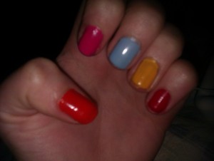 Orange - Essence colour and go nail polish in 'Wake up!'
Pink - MacFactor NailFiniity in 'Pink Flame'
Blue - Essence colour and go nail polish 'Sure Azure'
Yellow - Essence colour and go nail polish in 'Sundancer'
Red - Teddy Line in colour 30