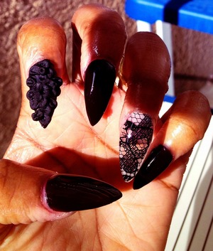 Acrylic full set with encapsulated lace and 3d acrylic flowers