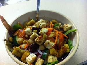 with carrots, onions, spring mix, tomatoes, dried cranberries, cucumbers and croutons