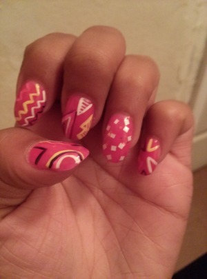 neon pink base color w light pink, white, yellow, and dark purple abstract tribal design