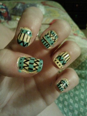 Yellow and teal with black Sharpie lines