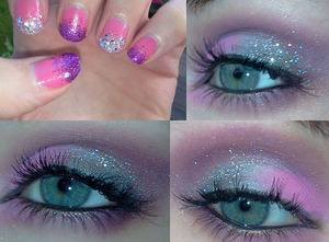 Summery, sparkly and girly look. I was inspired by the colours on my nails in the picture! Pink, purple and some glittery gray.