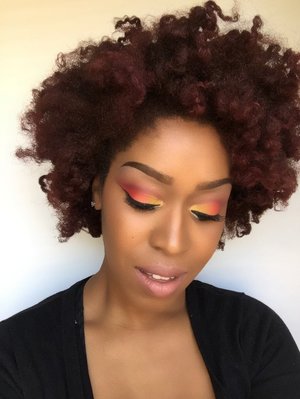 🌋Volcano Eruption- This look used @bhcosmetics 1st edition palette (yellow, orange, and on the outer wing a blood orange) @maccosmetics NC45 concealer, foundation, and powder, blush in raisin, @maybelline Illegal Length Mascara in blackest black