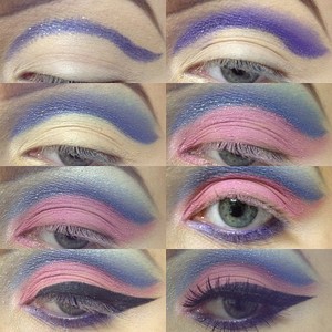 1) Outline the crease with glitter pencil. 2) Blend the crease using purple eyeshadow. 3) Apply a little bit of blue eyeshadow over the purple. 4) Apply pink loose eyeshadow on the lid and carefully blend with the crease. 5) Highlight brow bone with white eyeshadow. 6) Apply the same glitter pencil on waterline and under and blend with purple eyeshadow. 7) Create a winged liner using angled brush and cream eyeliner. 8) Apply mascara and fake lashes. (Products used: Benefit primer, @sugarpillmakeup loose eyeshadow, NARS glitter pencil, Urban Decay eyeshadow & mascara, Inglot eyeliner, Eylure lashes)