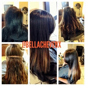 Before & after of press and flat iron and 3 individually sewn tracks for fullness, length, and highlight