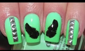 Mint Green with Feathers & Studs Nail Tutorial