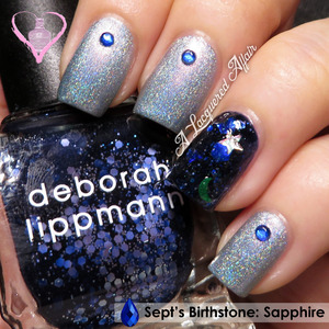 A combination of OPI DS Sapphire, Deborah Lippmann Lady Sings The Blues and Darling Diva Polish Invoke The Spirit for a sapphire themed manicure for #PolishTogether (Instagram tag) on the blog:
http://www.alacqueredaffair.com/Sapphire-Inspired-Manicure-31785359