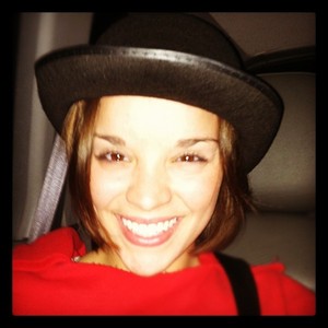 In the car, off to hang out with friends.  I found this bowler hat in the back of the car and fell in love with it.