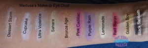 Medusa's Makeup Eye Dust swatches on medium tan / olive skin, available at http://www.OrlandoAirbrushMakeup.com, serving the Orlando and Miami markets.