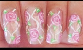 Pink Roses on Sheer Glitter nail art