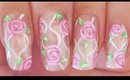 Pink Roses on Sheer Glitter nail art