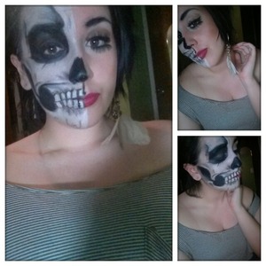 Half skeleton makeup! Using Urban Decay liner and shadows and Makeup Forever.(: